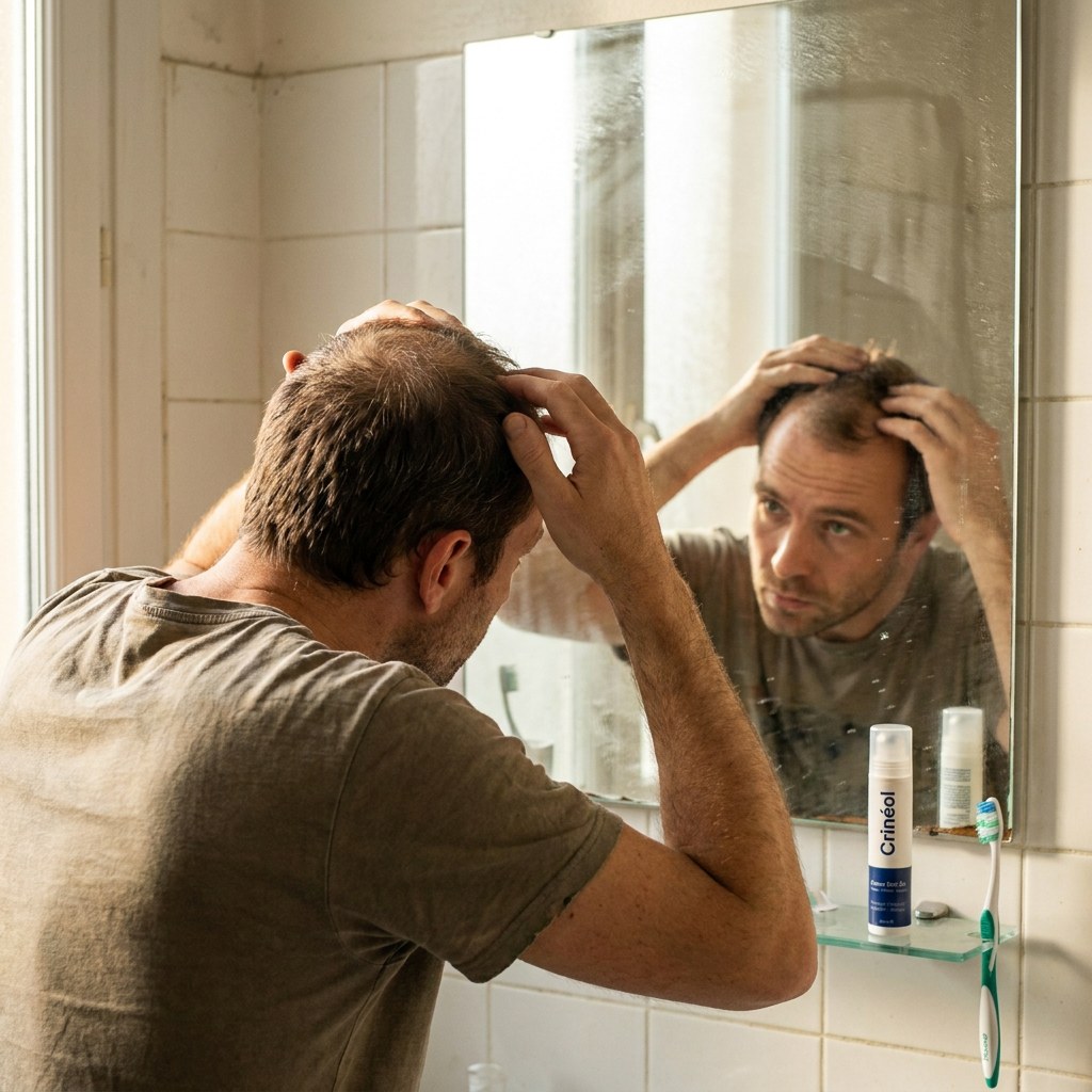 Homme inspectant sa ligne frontale dégarnie devant le miroir