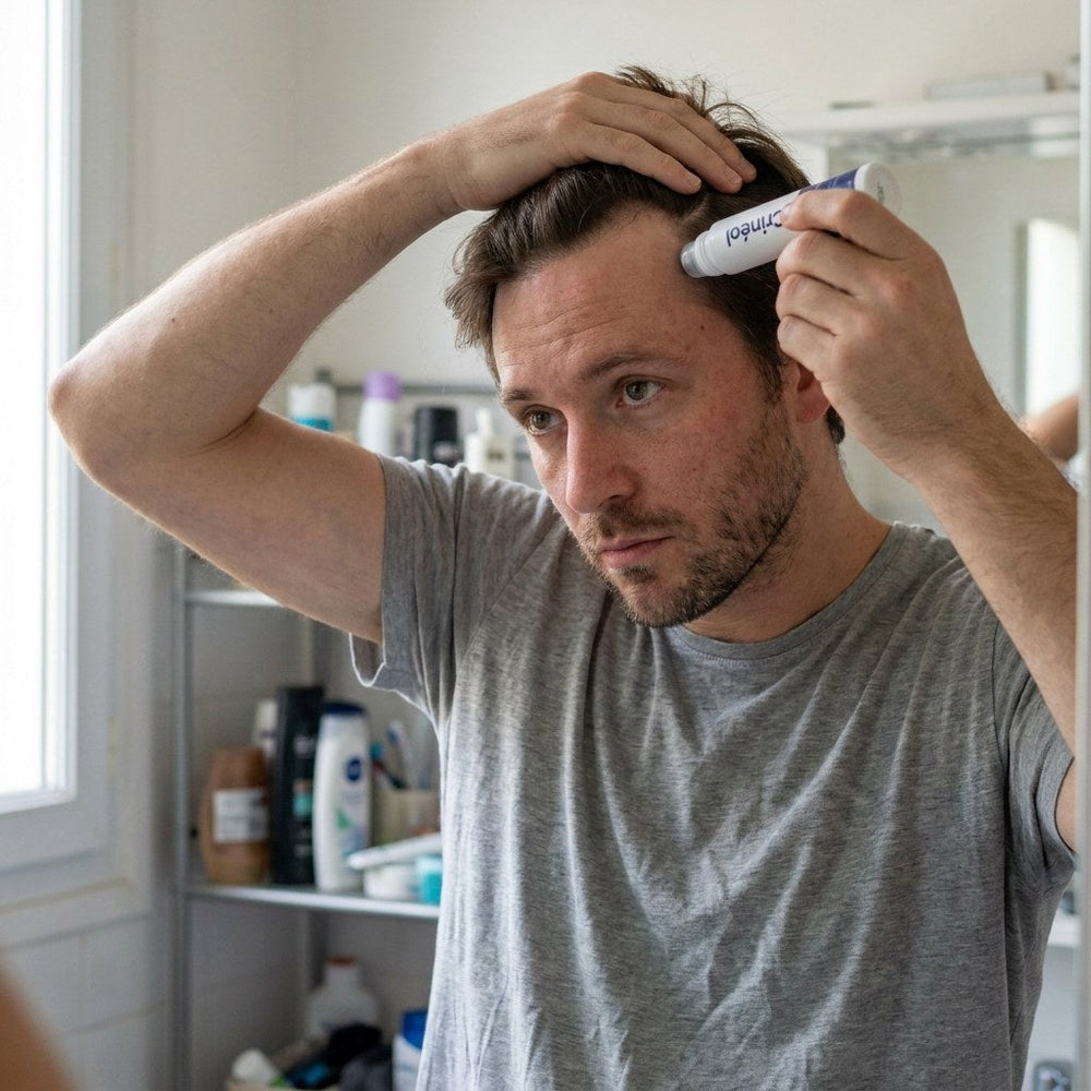 Application du roll-on Crinéol sur le cuir chevelu, le long de la ligne frontale